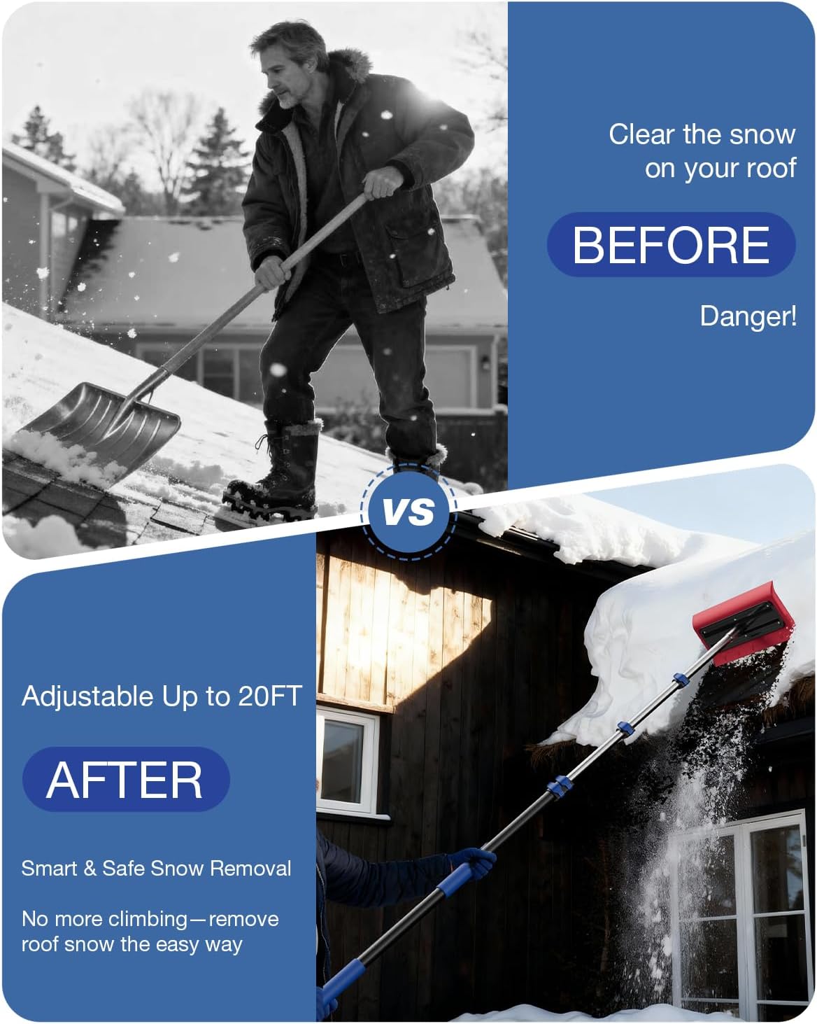 Roof Rakes for Snow Removal, 20FT Telescoping Snow Rake for House Roof, Solar Panels, Cars & RV, Snow Broom Push/Pull, Heavy Duty Aluminum Ice