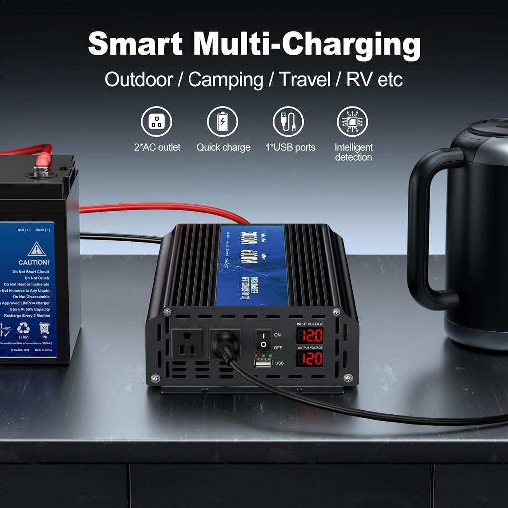 3000W Power Inverter 12V DC to 110V/120V AC Converter, 6000W Peak RV Use
