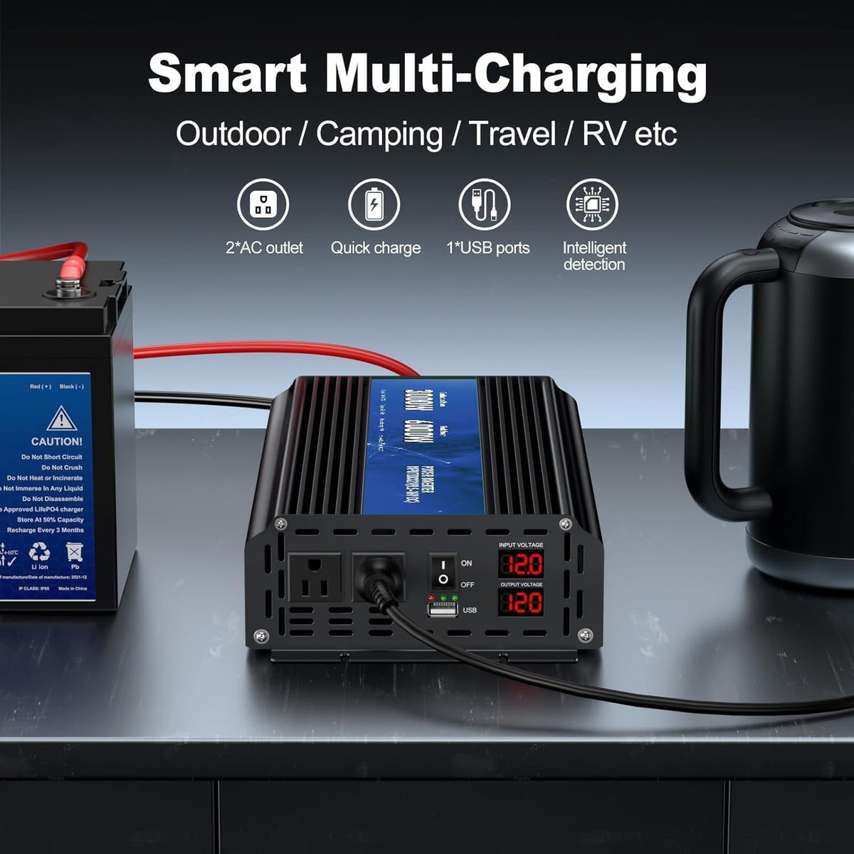 3000W Power Inverter 12V DC to 110V/120V AC Converter, 6000W Peak RV Use