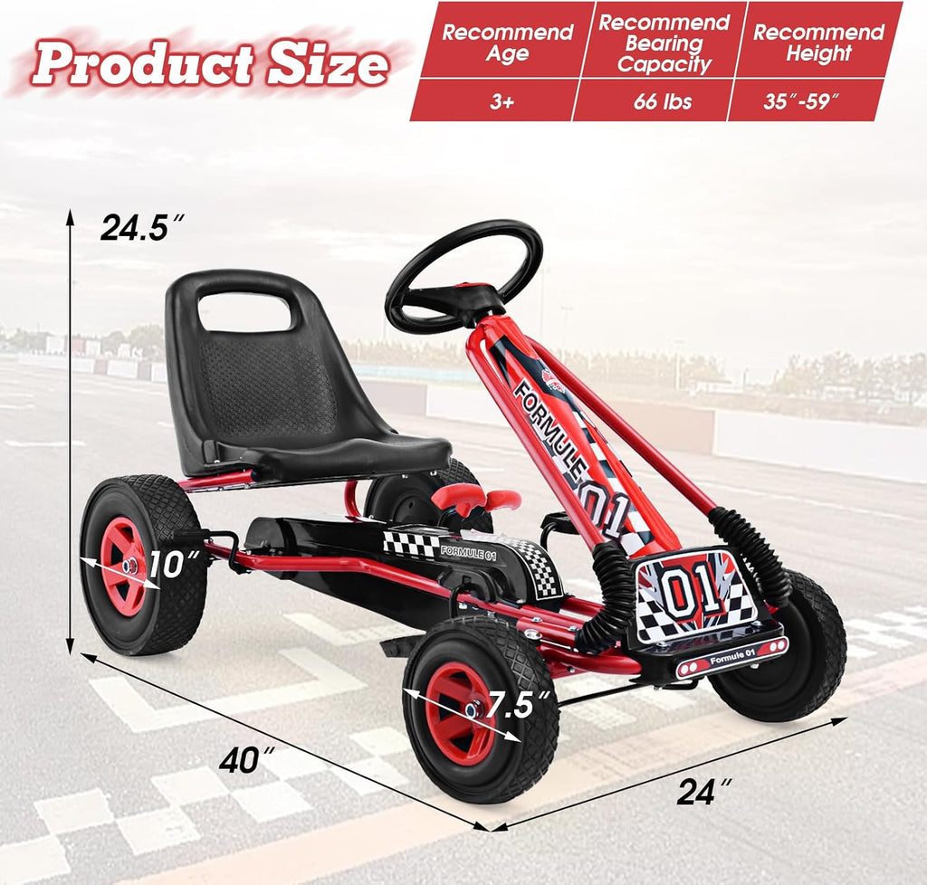 HONEY JOY Go Kart for Kids, 4 Wheel Quad Off-Road Pedal On Foot Go Cart w/Steering Wheels & Adjustable Seat, 2 Safety Brakes, EVA Tires, Clutch