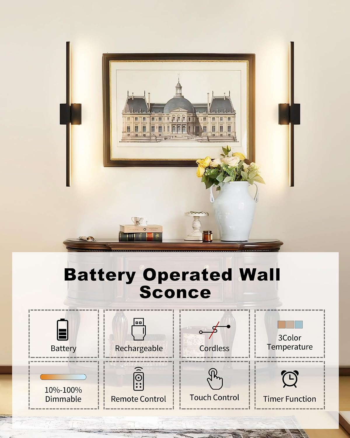 Black Battery Operated Wall Sconce with Remote Control 8000mAh