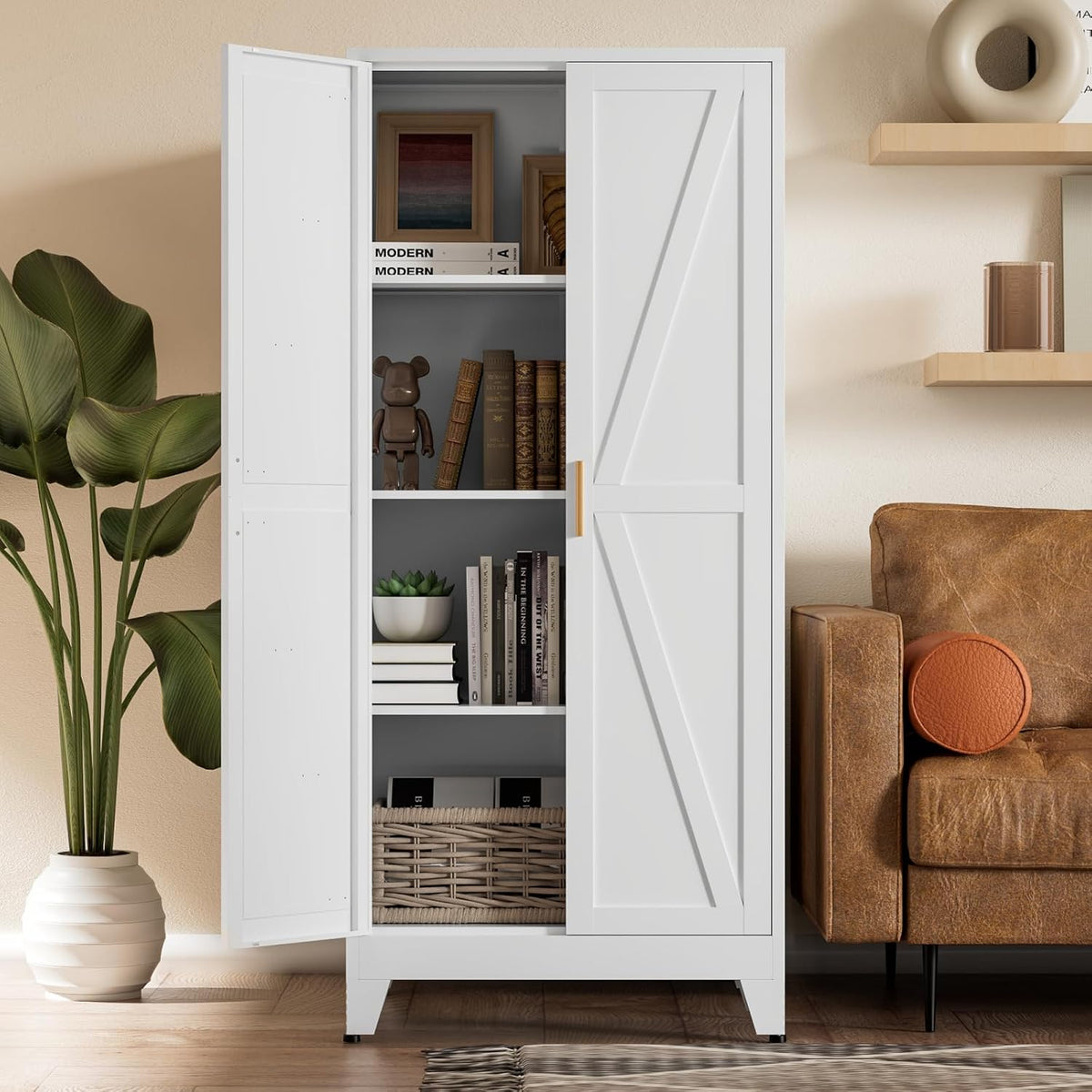 COFaR White Farmhouse Storage Kitchen Pantry Cabinet with 2 Barn Door, 3 Adjustable Shelves and Legs, for Cupboard/Dining Room/Bathroom/Living