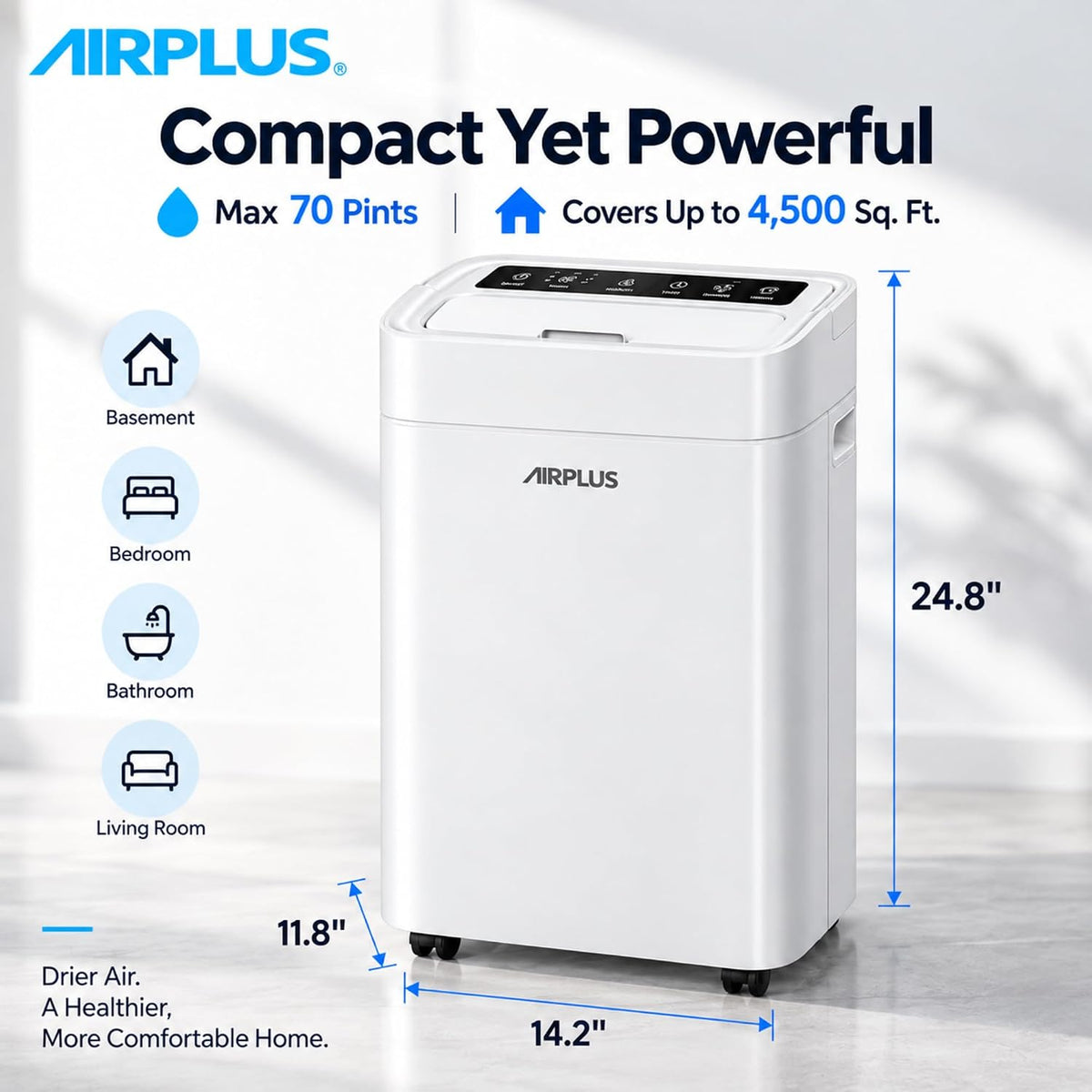 AIRPLUS Max 70 Pint Quiet Dehumidifier for Home Bedroom up to 4500 Sq Ft