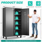 Wide & Deep Metal Storage Cabinet with Wheels,Tall Rolling Garage Storage Cabinet with Lock,Black Metal Cabinets with Shelves and Pegboards,Tool