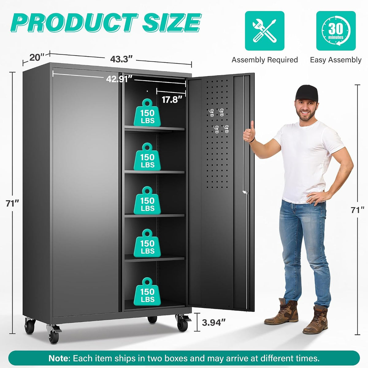 Wide & Deep Metal Storage Cabinet with Wheels,Tall Rolling Garage Storage Cabinet with Lock,Black Metal Cabinets with Shelves and Pegboards,Tool
