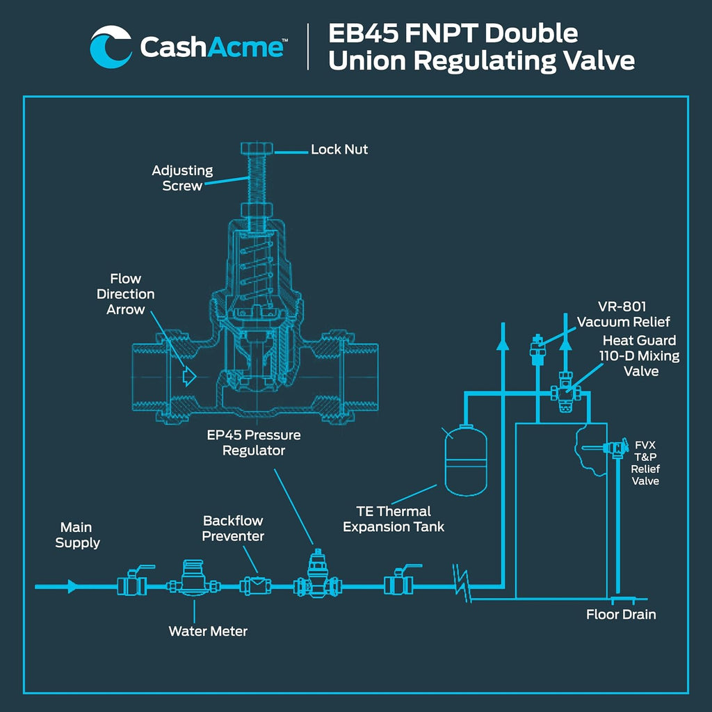 Cash Acme EB45 Pressure Regulating Valve, Double Union, 3/4 Inch NPT Female, Poly Top, 60 PSI, PVA16P-DUTH-60, Brass