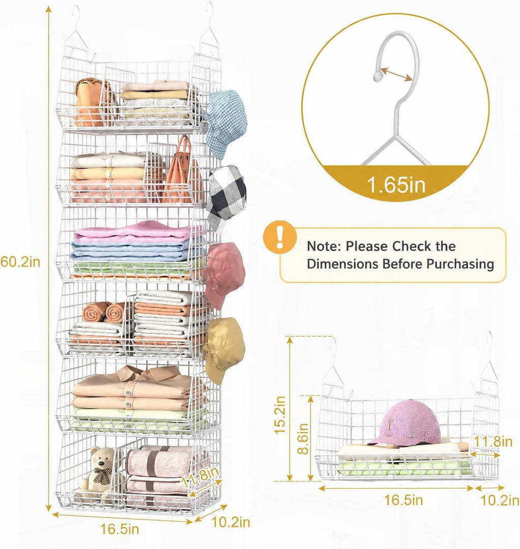 6 Tier Extra Large Hanging Closet Organizer, Closet Storage Hanging with Dividers, Wire Closet Shelf with 5 S Hooks 4 Dividers,Sweater Handbag Hat