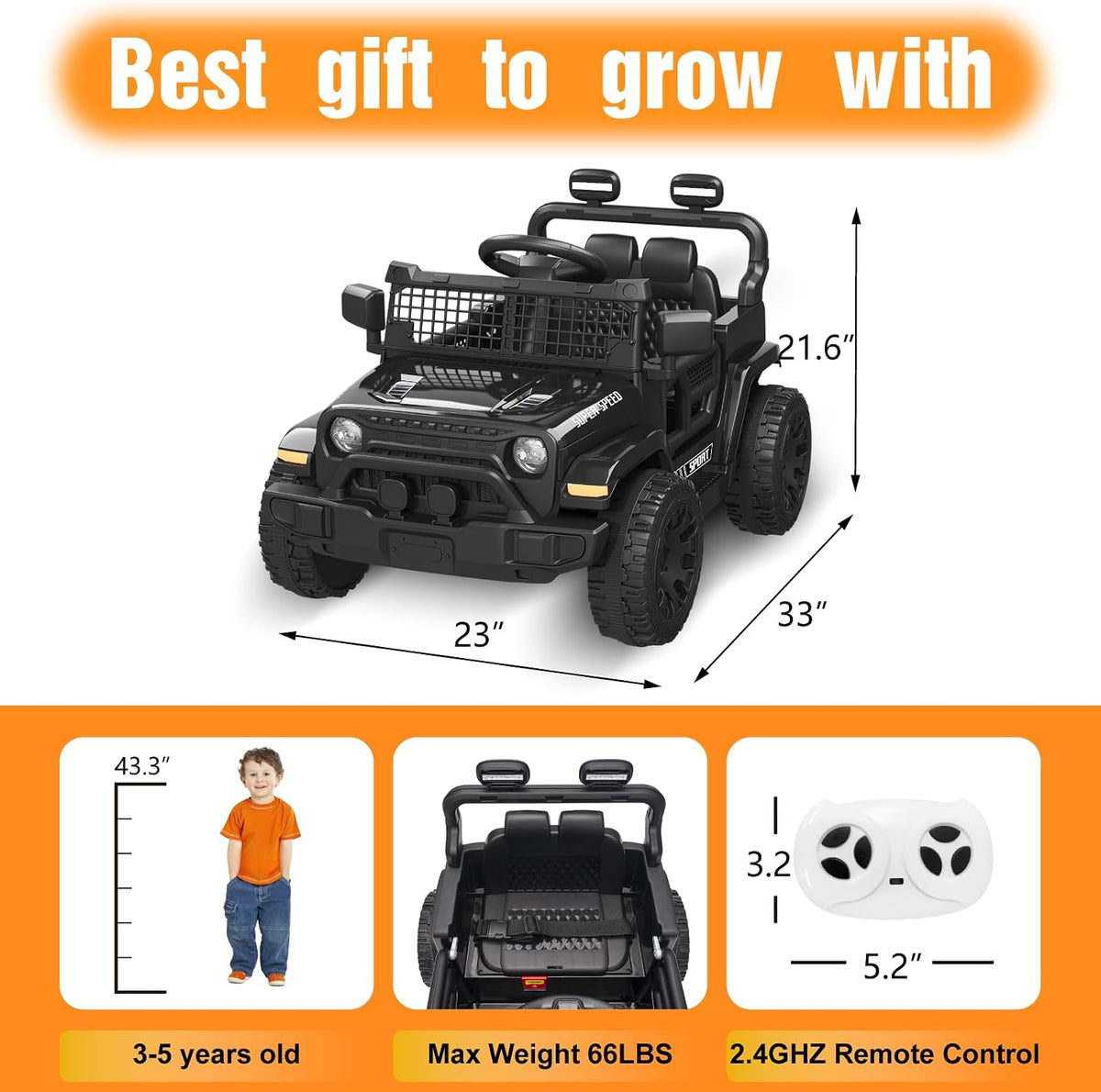 12V Ride on Toys for Kids with Parent Remote Control, Black