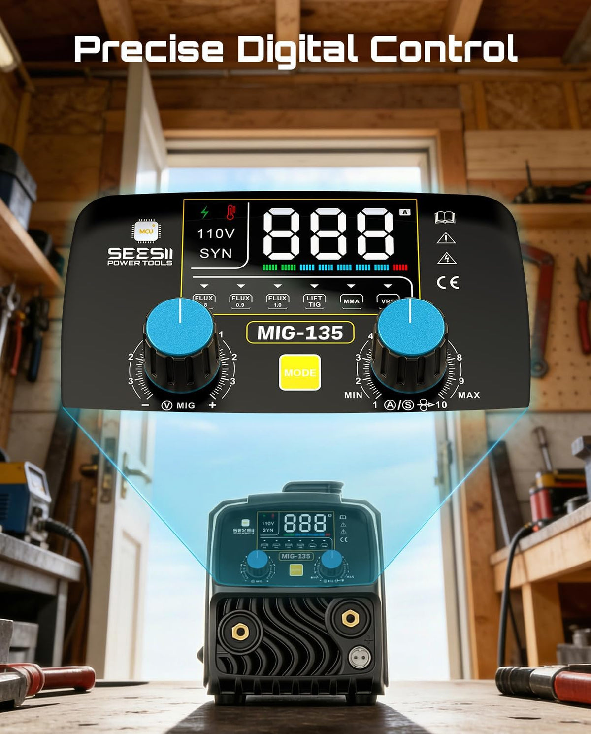 SEESII 135A MIG Welder 110V - 3-in-1 Gasless Flux Core/Lift TIG/Stick Welding Machine, 7.7lbs Portable IGBT Inverter, Large Digital Display Multi