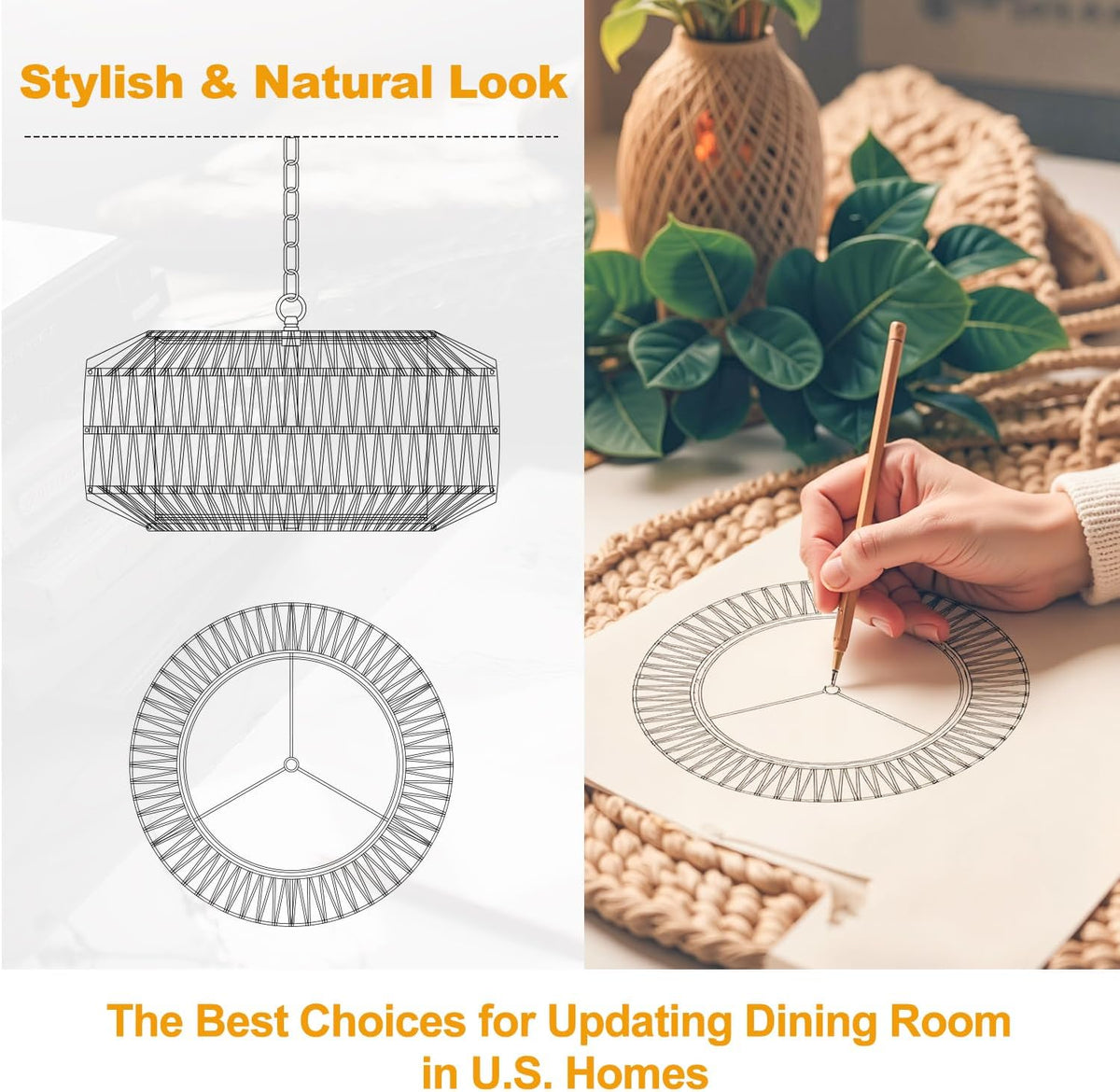 19" Rattan Chandelier for Dining Room, Boho Dining Room Light Fixture