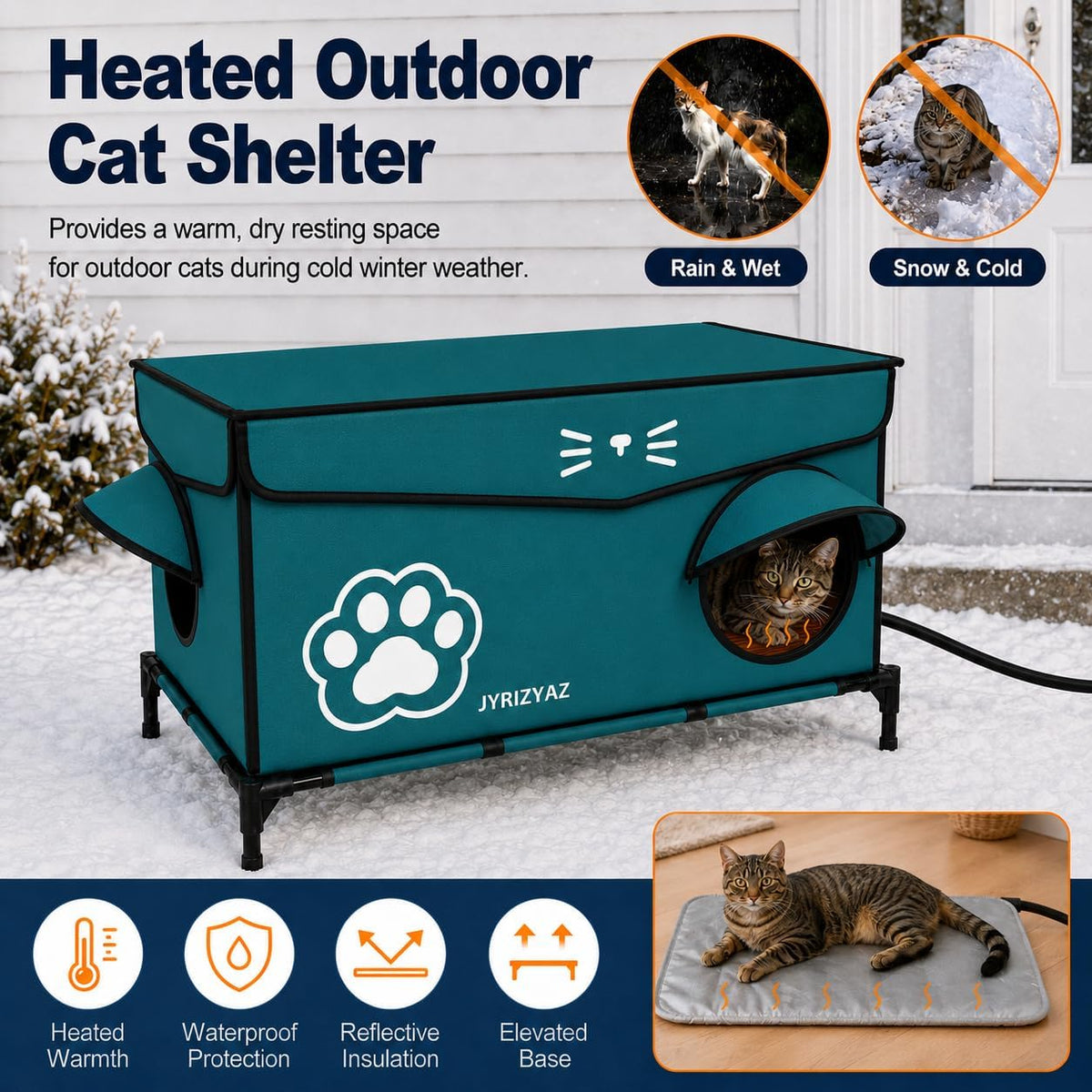 Heated Cat House for Outside, 36"x22"x21" Large Size Winter Insulated Waterproof Outdoor Cat House with Heating Pad, Elevated Weatherproof Feral Cat