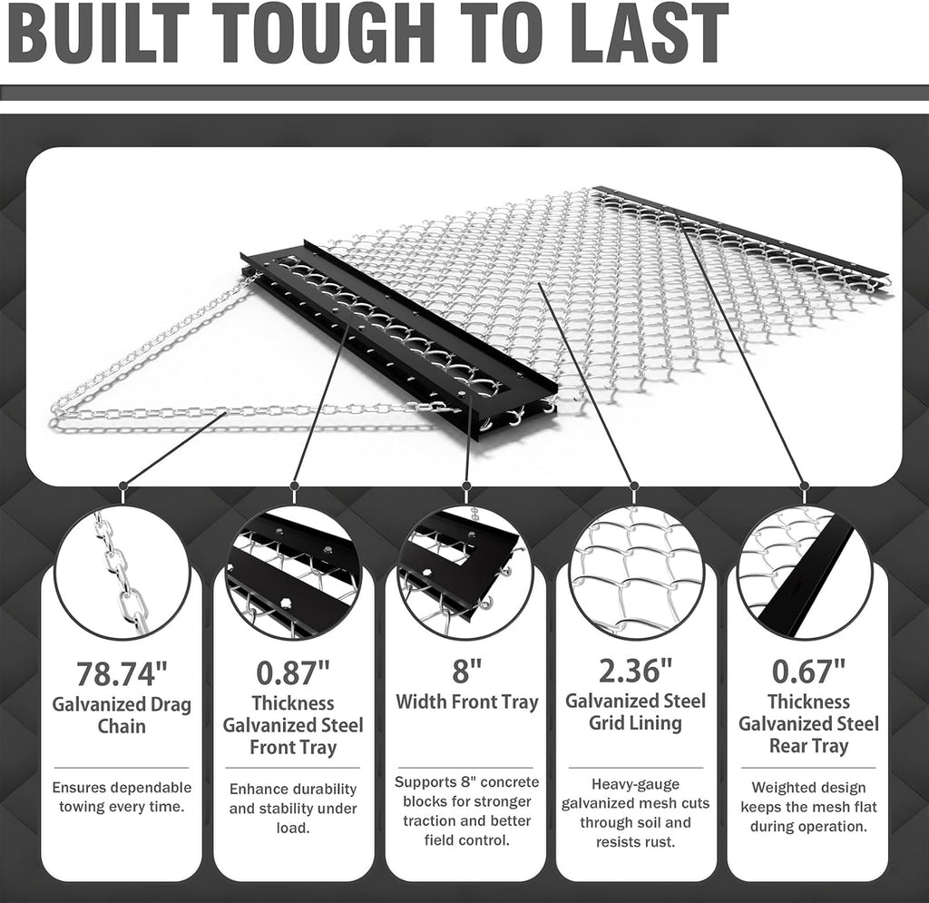STIRLINGEAR 4'x5' Pre-Assembled Drag Harrow for ATV/UTV – Heavy Duty Rust-Resistant Mesh Harrow for Gravel Driveway, Lawn, Field & Soil Leveling