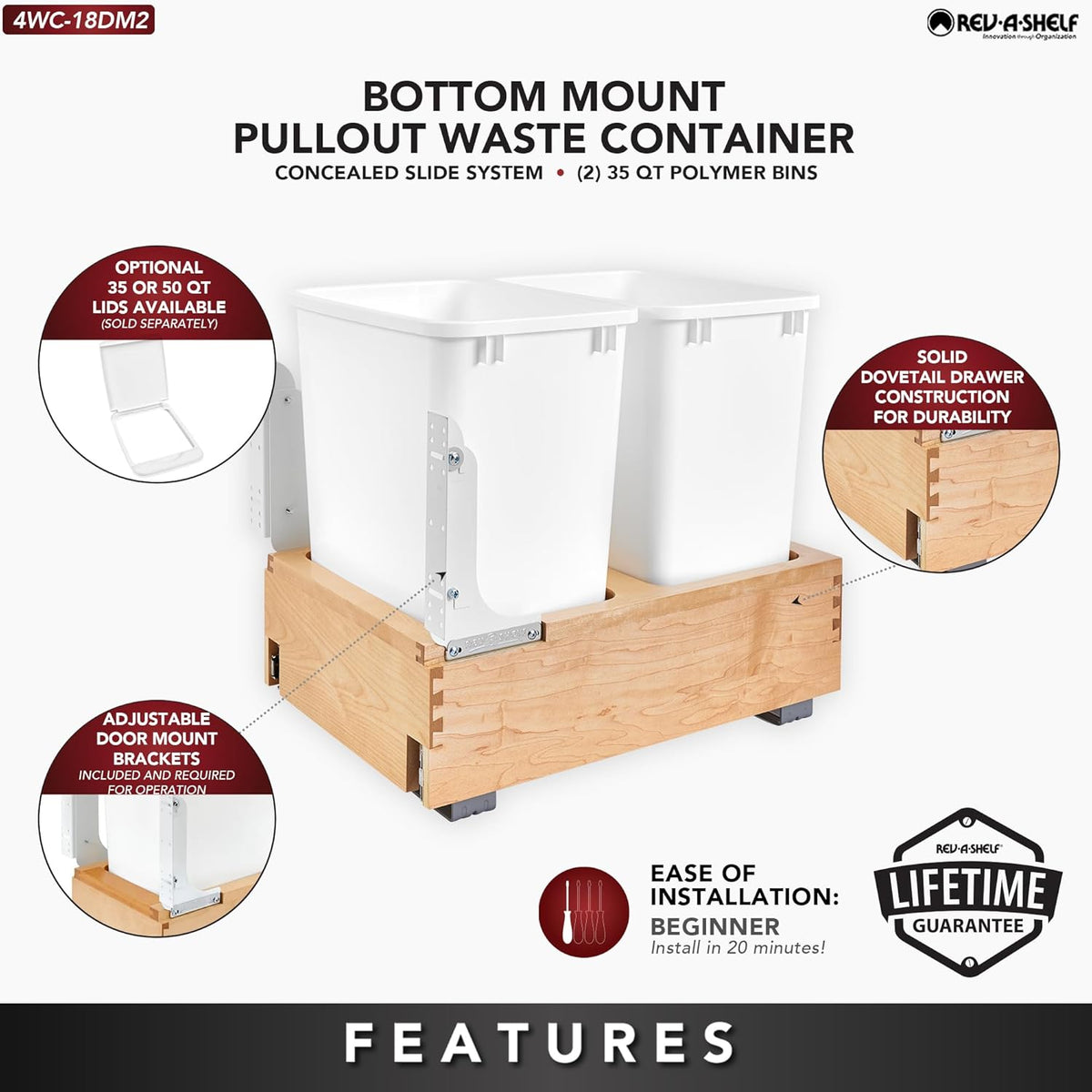Rev-A-Shelf Double Pullout Trash Can, Min Cabinet Opening 14.5", 35 Qt