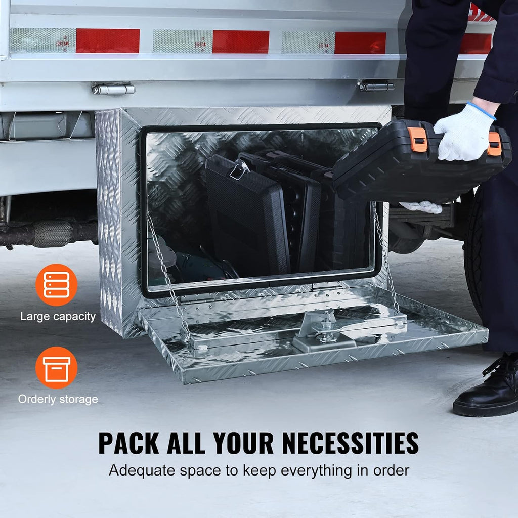 VEVOR Underbody Truck Box, 24"×14"×16" Pickup Storage Box, Heavy Duty Aluminum Diamond Plate Tool Box with Lock and Keys, Waterproof Trailer Storage