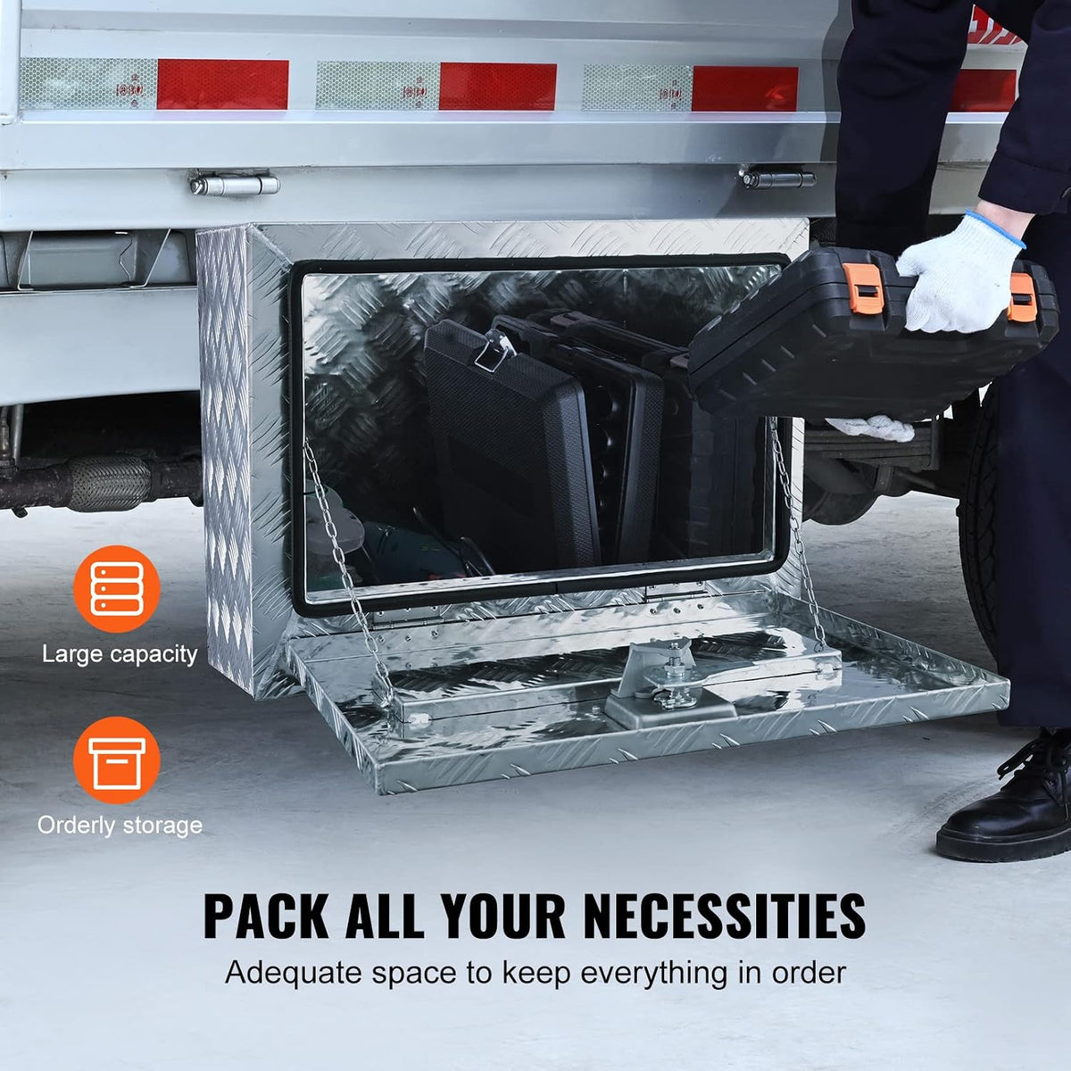 VEVOR Underbody Truck Box, 24"×14"×16" Pickup Storage Box, Heavy Duty Aluminum Diamond Plate Tool Box with Lock and Keys, Waterproof Trailer Storage