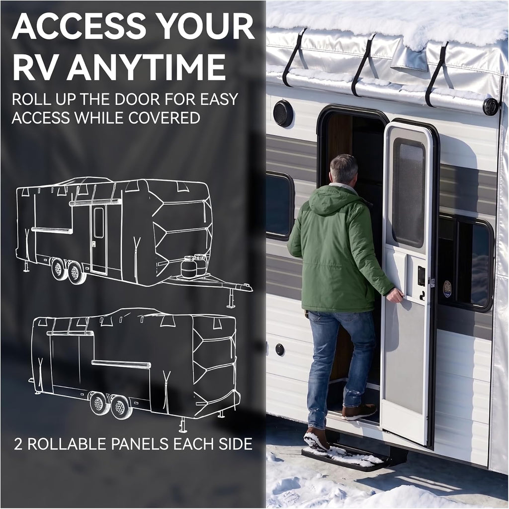 FRUNO Oxford Fabric Travel Trailer Cover RV Cover 24'-27' Waterproof Rip-Resistant Anti-UV Camper Cover for Winter Snow with Jack Cover 4 Tire Covers
