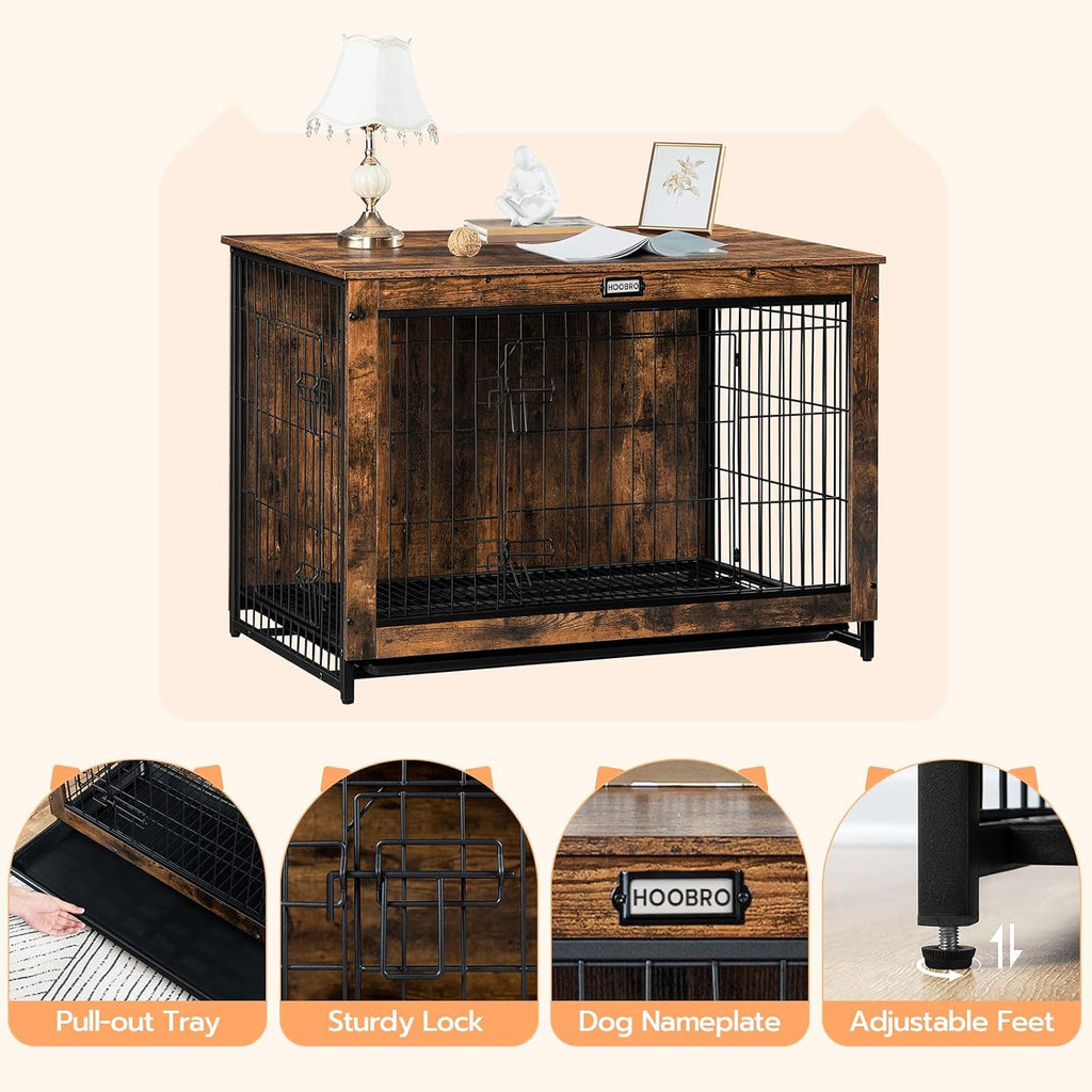 HOOBRO Dog Crate Furniture, 38.6" Large Dog Kennel Indoor, Wooden Cage with Pull-Out Tray, Double Doors Pet House Side End Table for