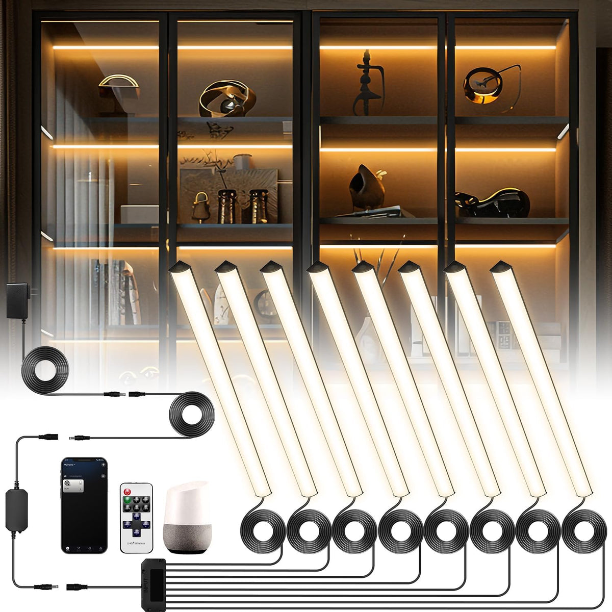 Black Shelf Lights, LED Bookcase Lighting Compatible with Alexa, WiFi Dimmable 2700K Under Shelf Lighting for Bookshelf, Display Case, Cabinets with