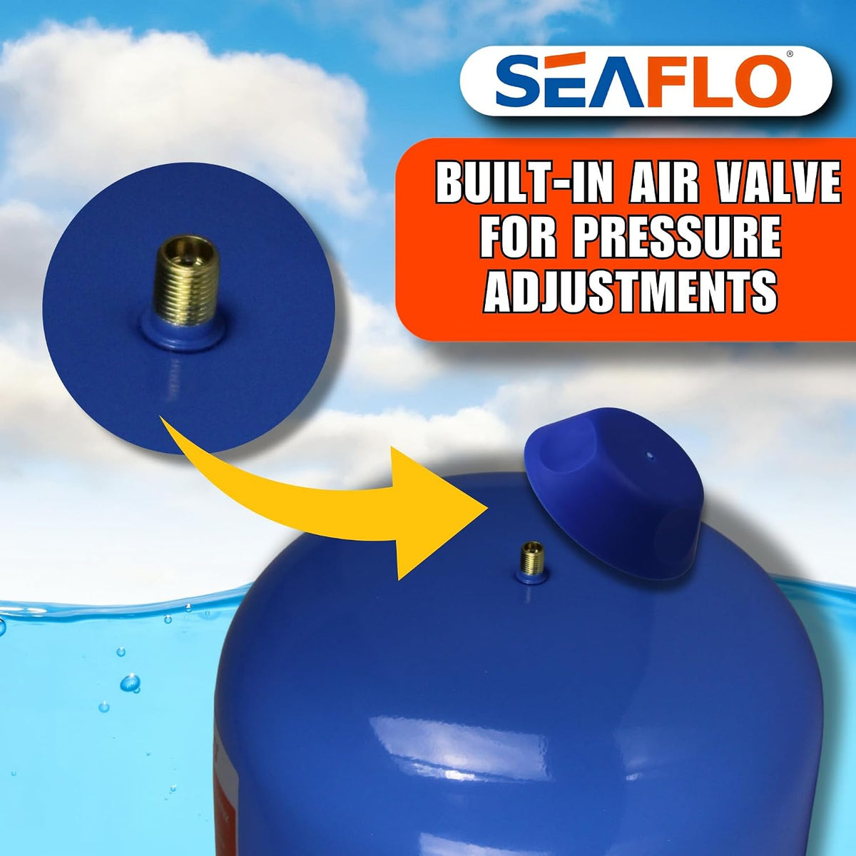 SEAFLO 2 Gallon Pre-Pressurized Accumulator Expansion Tank – Reduces Pump Cycling, Smooth Water Flow, 87 PSI, 3/4" MNPT, Compact Design for RV