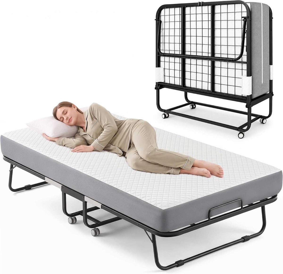 Folding Bed with Mattress, 75"x38" Portable Rollaway Guest Bed