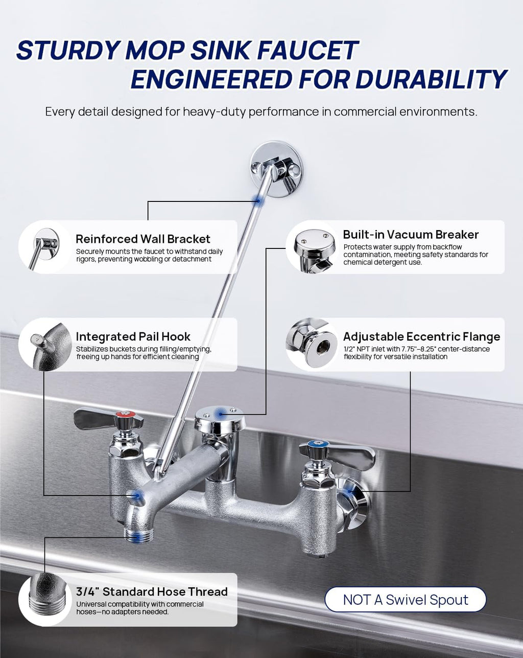 8 Center Commercial Mop Sink Faucet with Vacuum Breaker Wall Mount