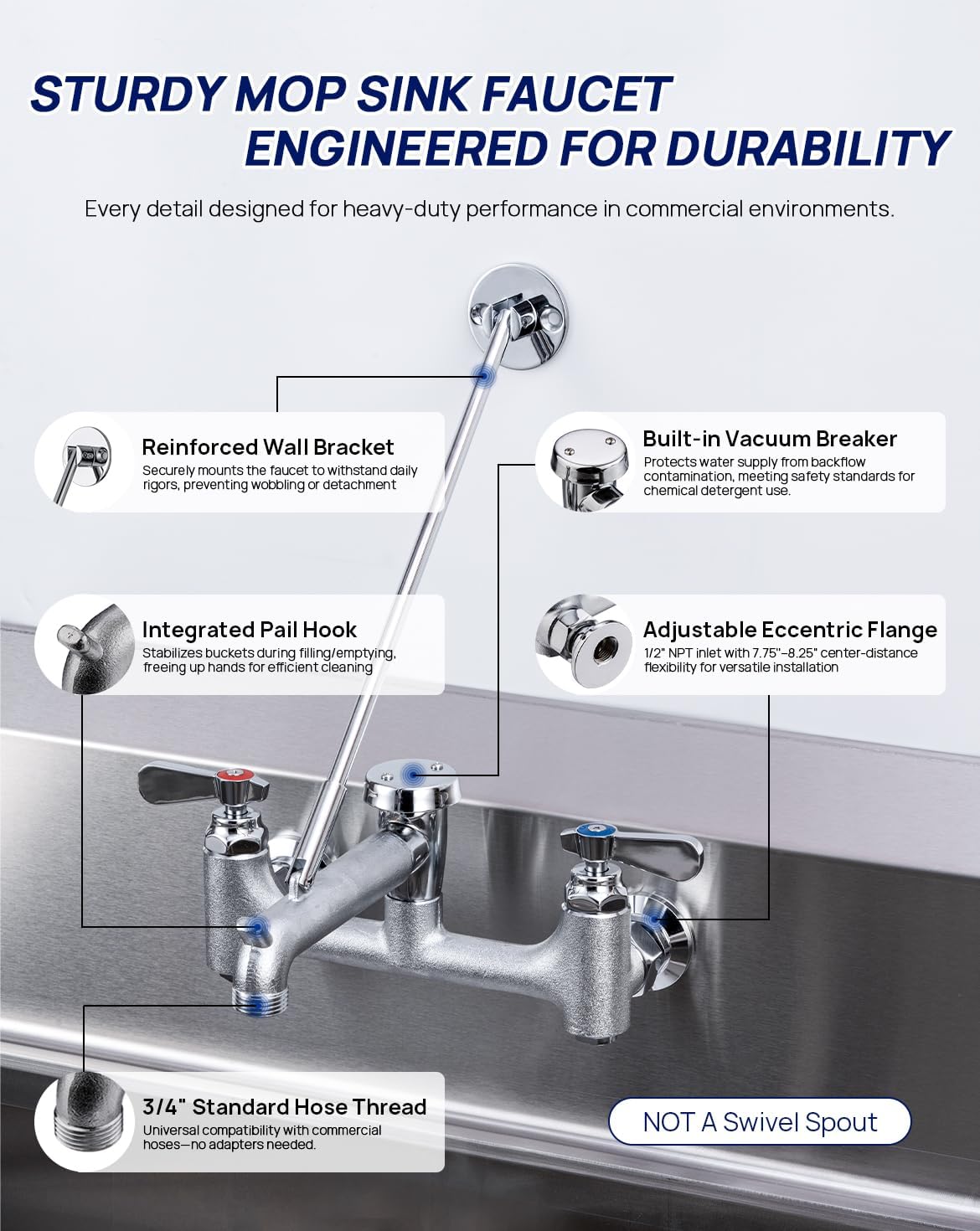 8 Center Commercial Mop Sink Faucet with Vacuum Breaker Wall Mount