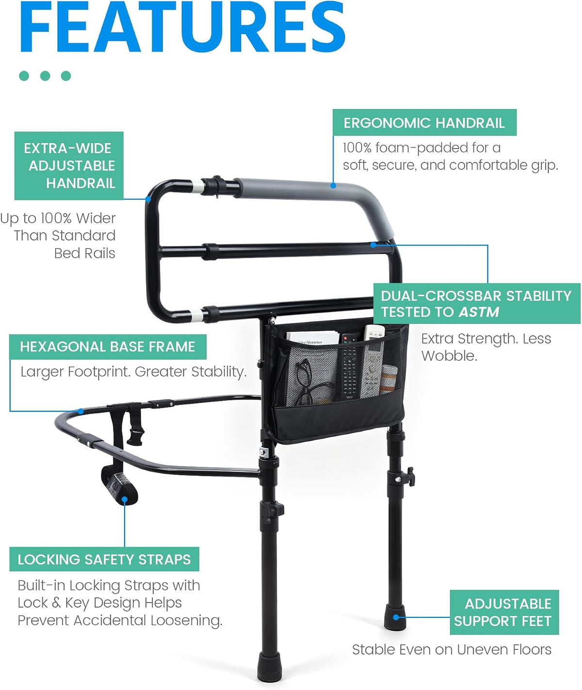 Bed Rail for Elderly Adults Safety, Bedside Support Handle, 300LBS Support