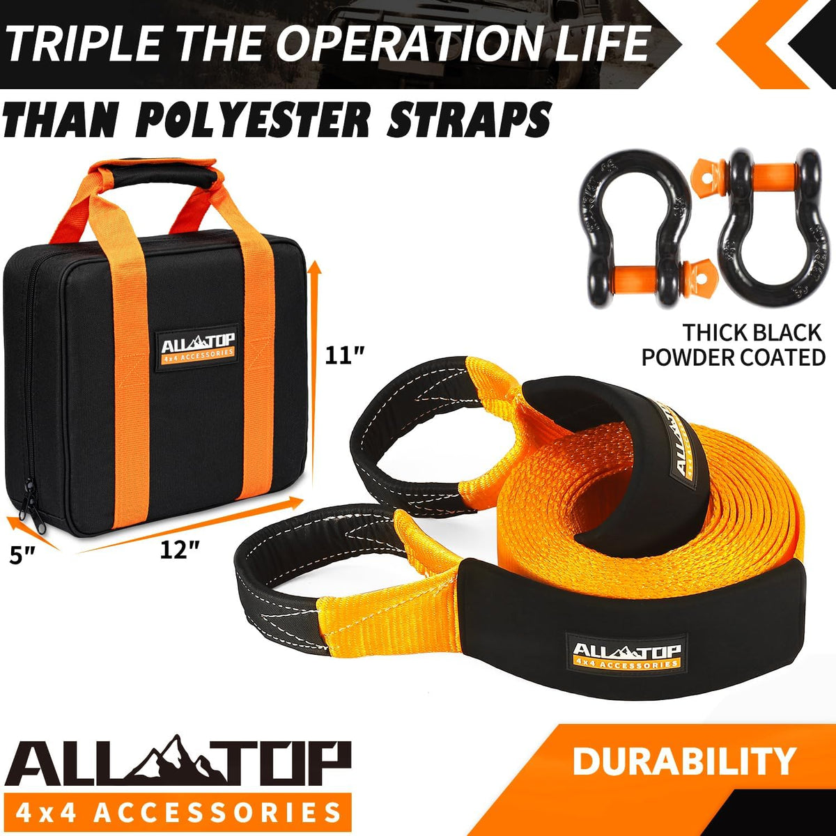 ALL-TOP Heavy Duty Tow Strap Recovery Kit: 3 inch x 20ft (35,000lbs) 100% Nylon and 22% Elongation Snatch Strap + 3/4 Heavy Duty D Ring Shackles