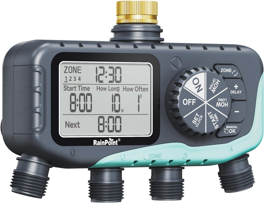 RAINPOINT Sprinkler Timer 4 Zone, Water Timer for Programmable, for Soaker Hose with Rain Delay/Manual/Automatic Watering System, Digital Irrigation