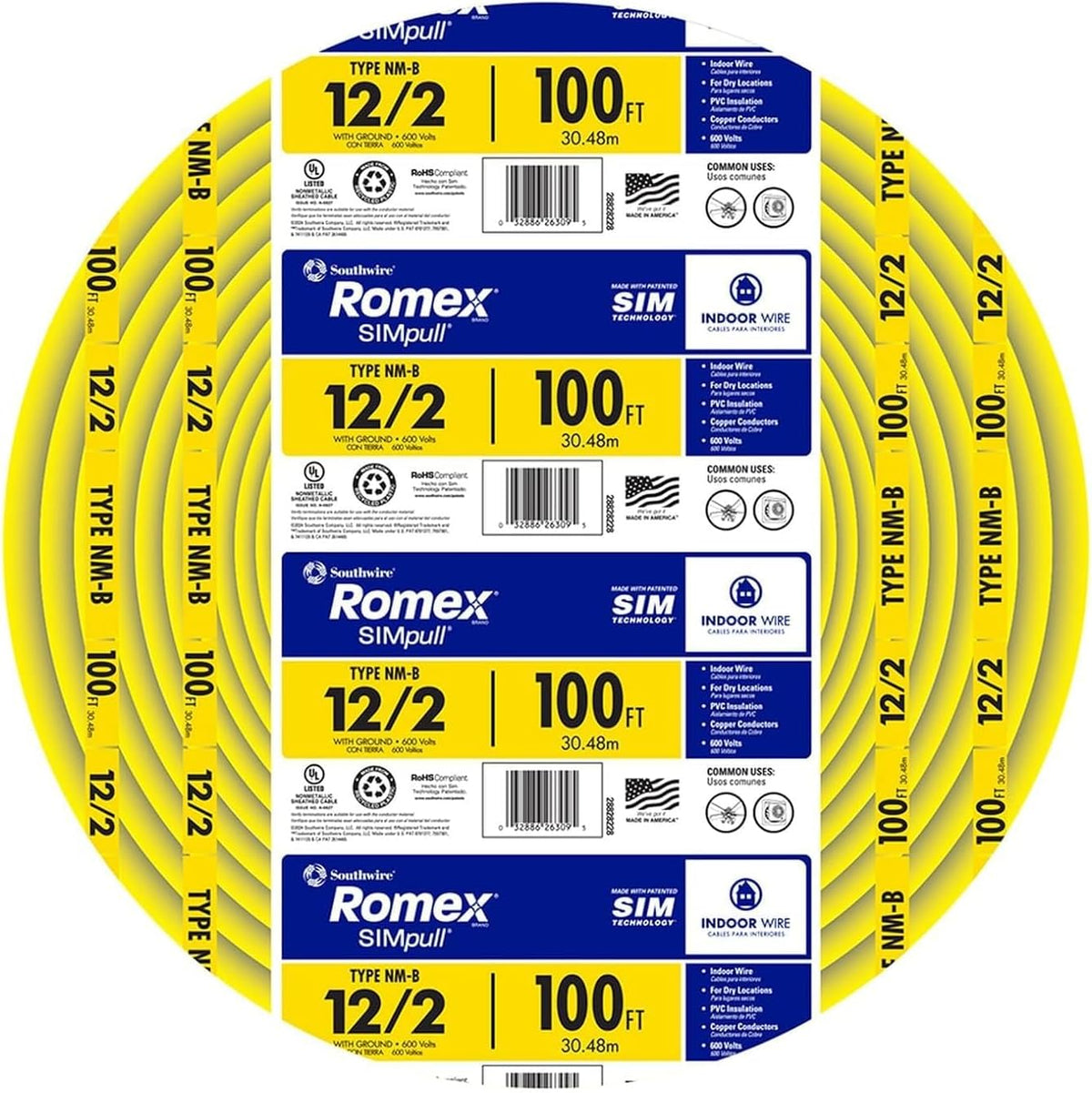 Southwire Romex Brand Simpull Solid Indoor 12/2 W/G NMB Cable 100ft Coil - SW# 28828228
