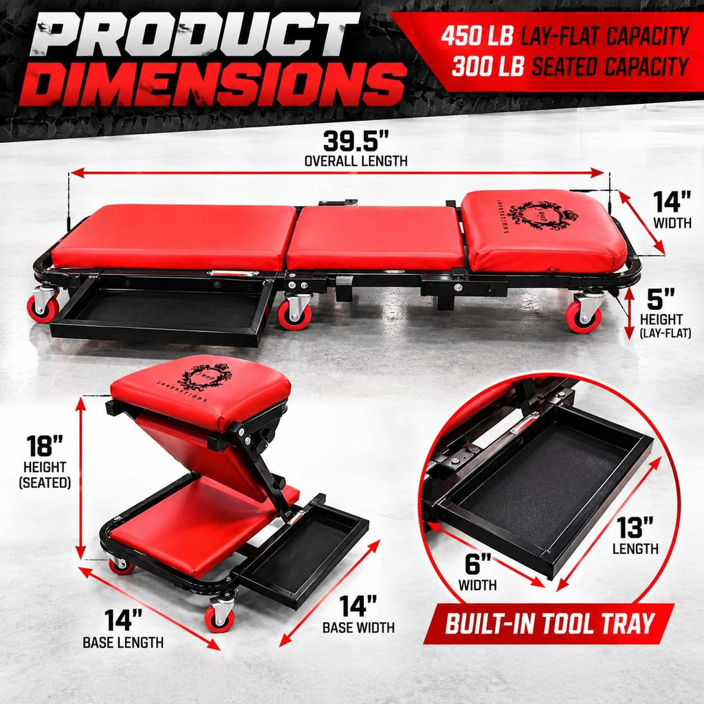 40" Mechanics Creeper Z Fold with Side Tool Tray, 3 in 1 Low Profile