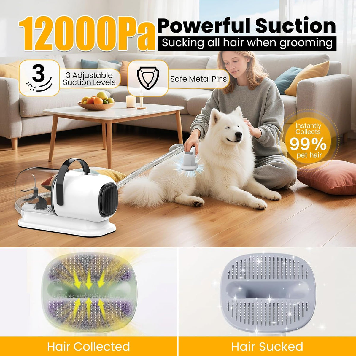 Dog Grooming Vacuum, All-in-One Pet Grooming Kit with Hair Clipper & Shedding Brush, Low Noise 12,000Pa Dog Hair Remover Vacuum, Pet Groomer Set with