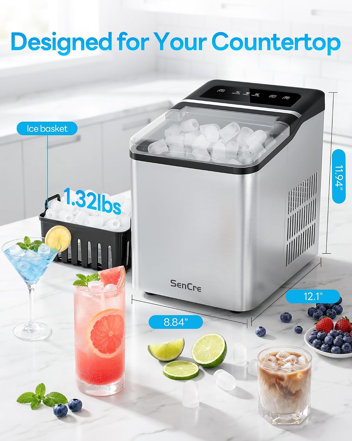 Ice Makers Countertop 26.5Lbs/24H, 9 Ice Cubes Release in 6 Mins, Ice Machine with 2 Sizes Bullet Ice, Self-Cleaning Portable Ice Maker with Ice