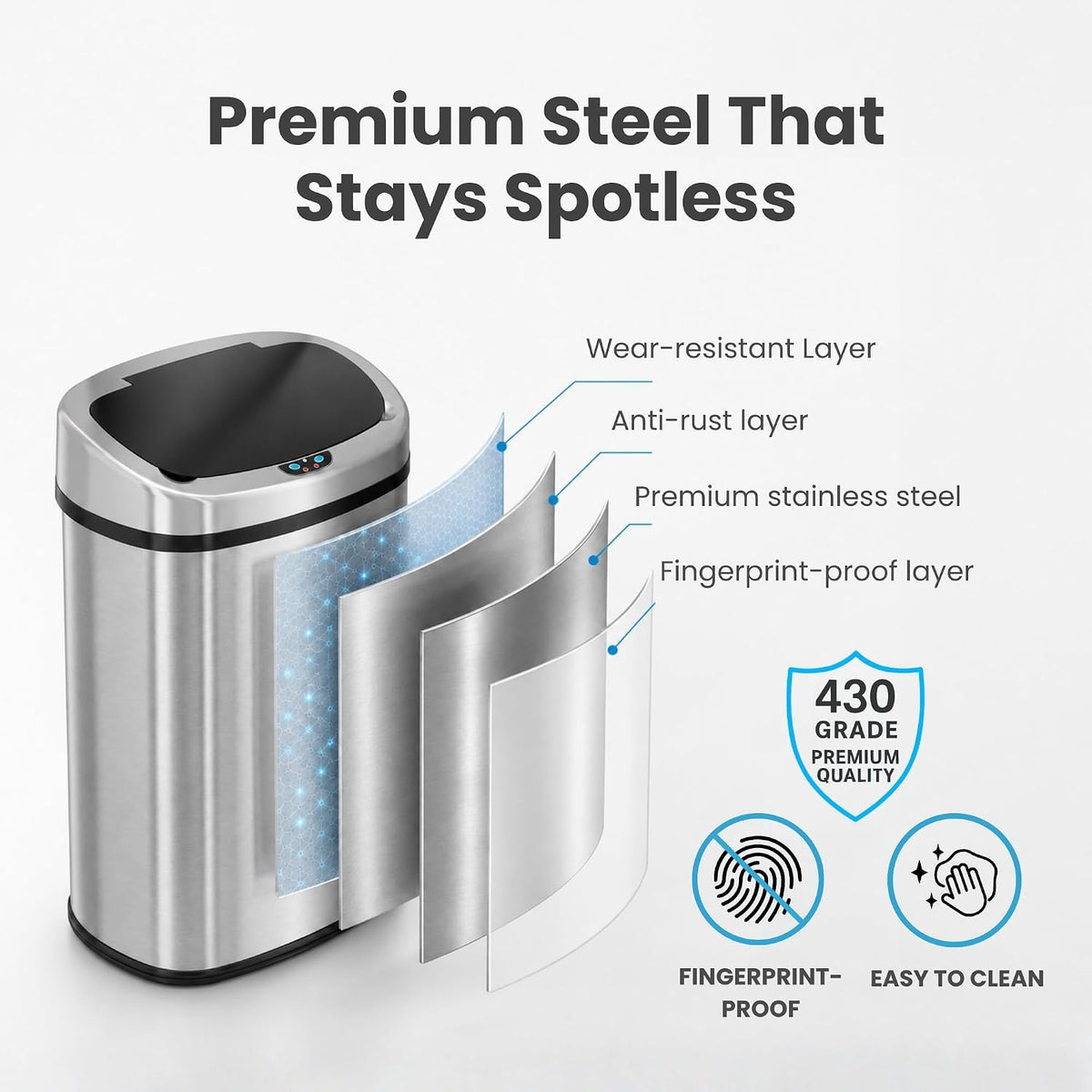 iTouchless Patented 13 G Stainless Steel Sensor Trash Can | AbsorbX Filter