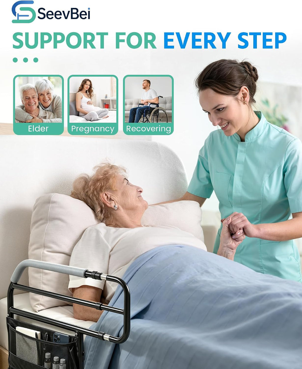 Bed Rail for Elderly Adults Safety, Bedside Support Handle, 300LBS Support