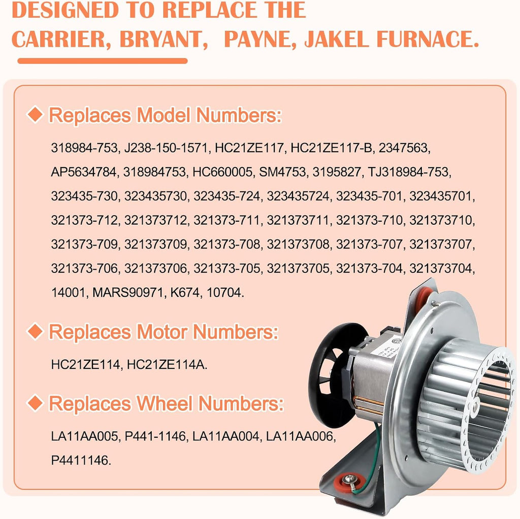 HC21ZE117 318984-753 Inducer Motor Assembly for Carrier Payne Bryant, Jakel J238-150-1571 Furnace Draft Inducer Blower Motor HC21ZE117-B with