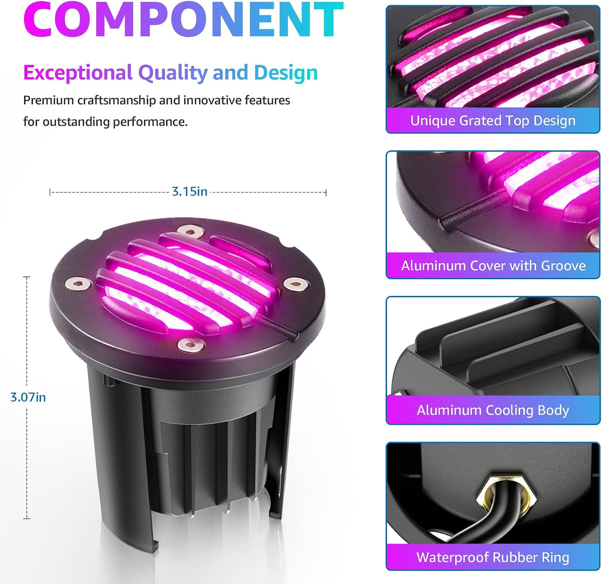 SUNVIE 8-Pack RGB Well Lights Low Voltage Landscape Lighting, Grated Top