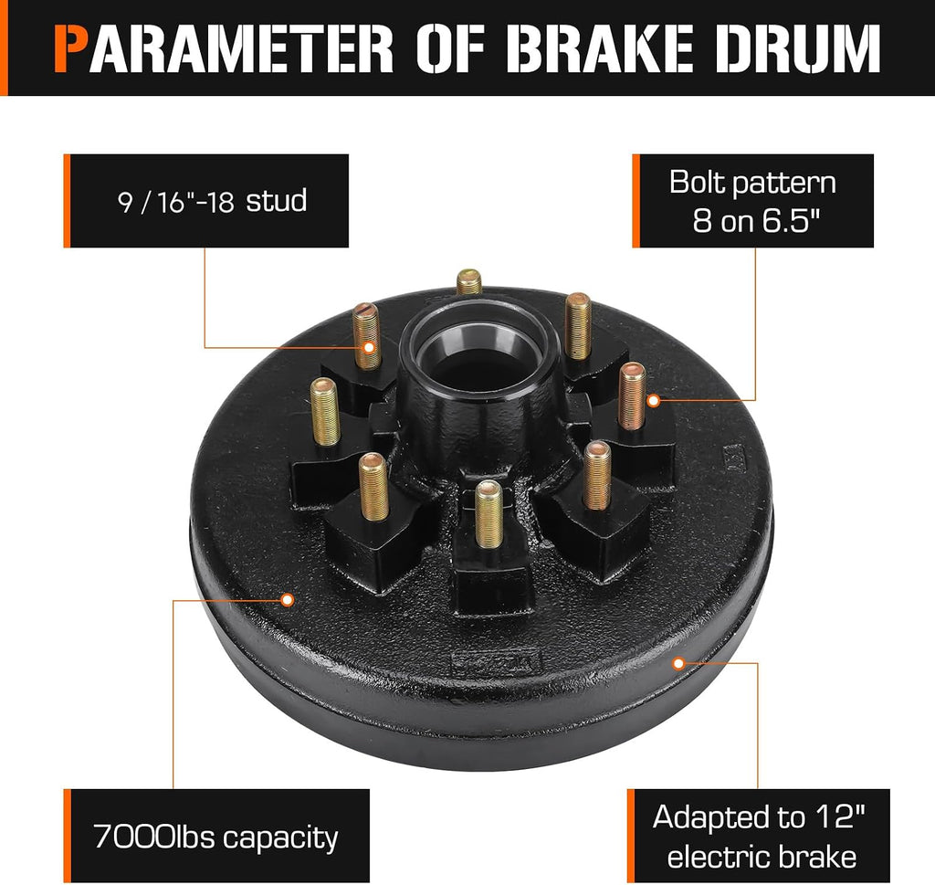 Aeagle 8 on 6.5" Bolt Circle Hub Drum Kits w/ 12" x 2" Left and Right Electric Brake for 7,000lbs Trailer Axle,Cone Bearing