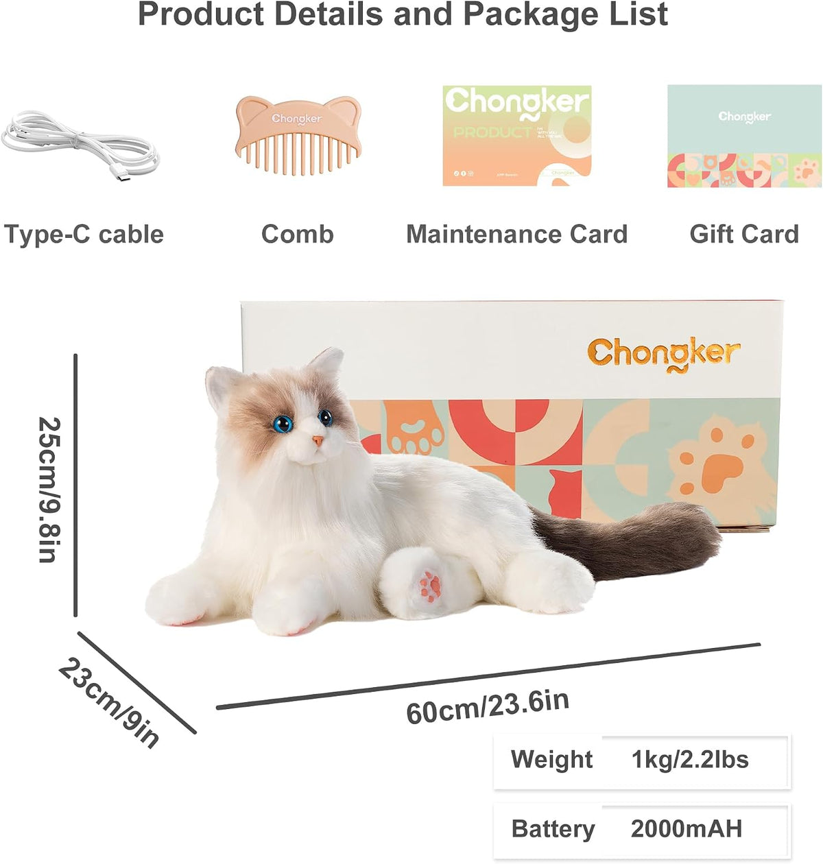 Chongker Interactive Companion Robot Cat Pets, Handmade Weighted Stuffed Animals, Cat Plush Toy with Voice Response, Realistic Heartbeat and Purring