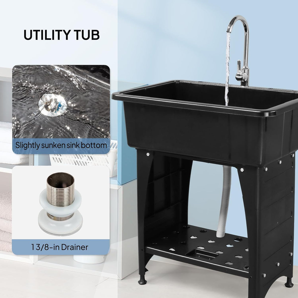 ROVSUN 20-Gallon Black Plastic Utility Sink with Hot & Cold Faucet, 150lbs Load Capacity, Upgraded Height & Version, Use for Laundry Room, Garage
