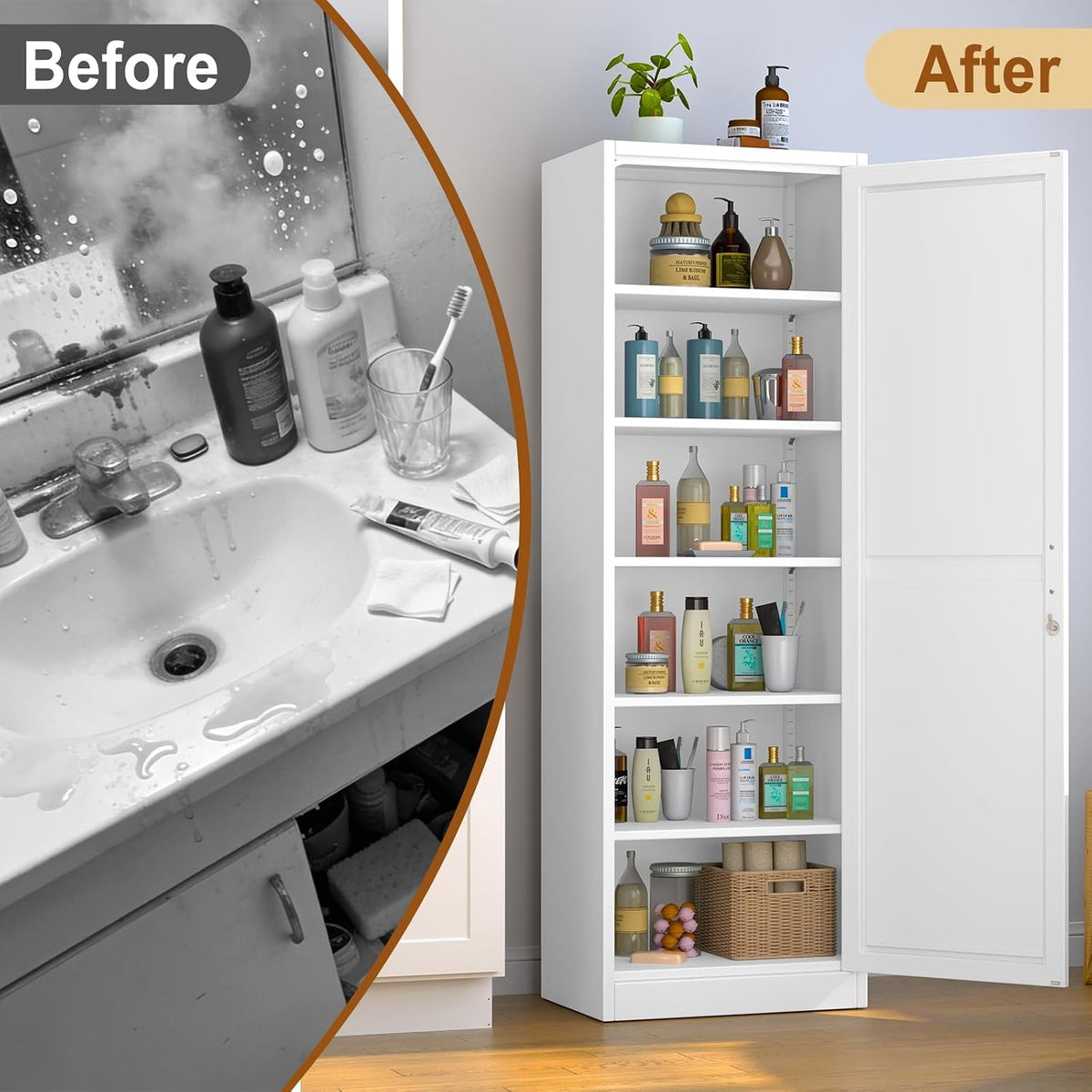 Tall Metal Narrow Bathroom Storage Locker Cabinet 67" H, White Kitchen Pantry Cabinets,File Cabinet Organizer with 5 Adjustable Shelves and Lockable