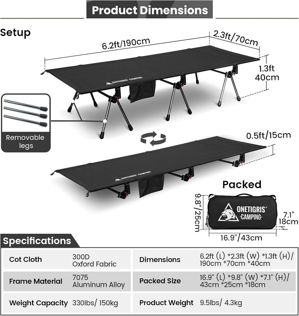 ONETIGRIS SUPRANUBIS Camping Cot, High/Low Options, Sturdy Support 330lbs