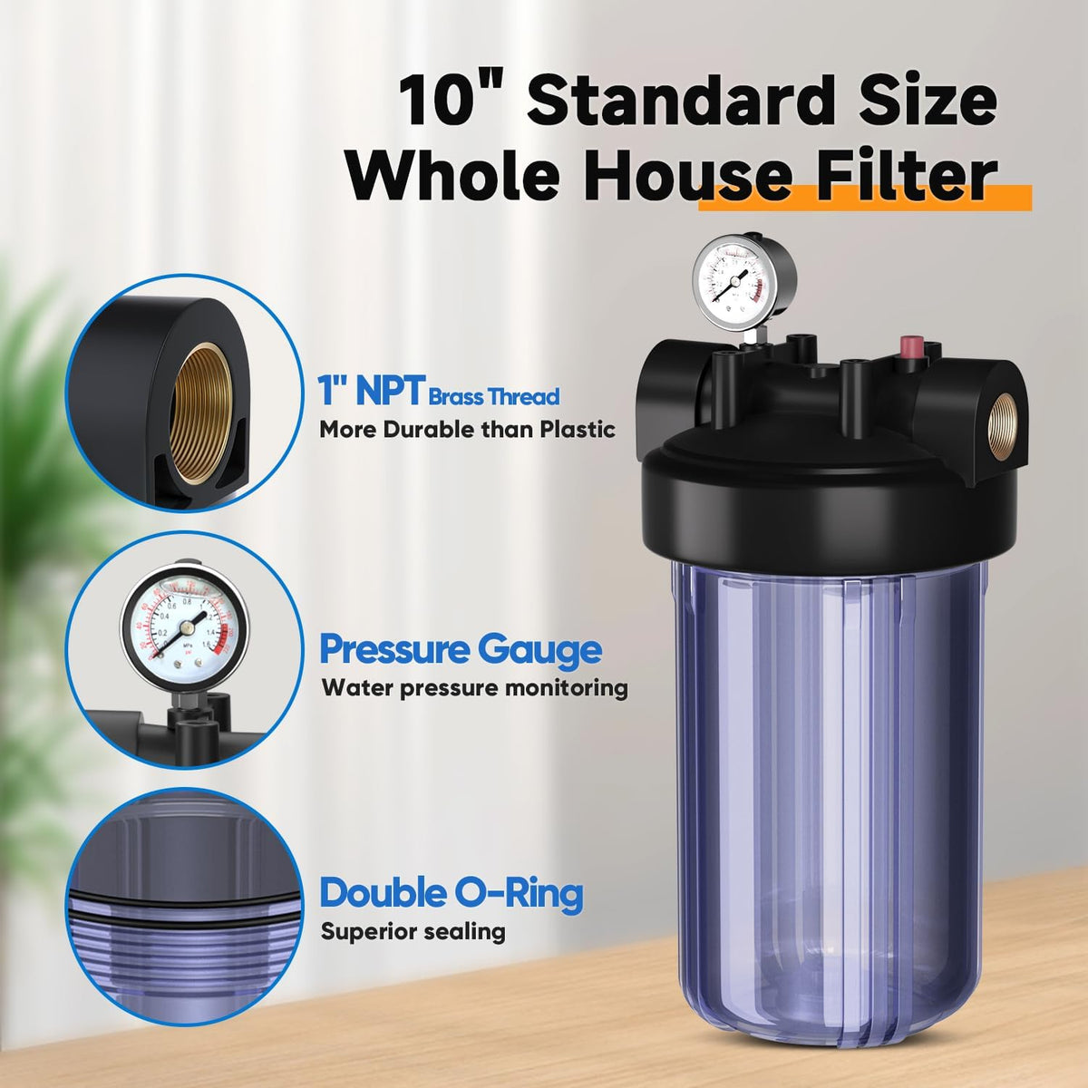 PUREPLUS Clear Whole House Water Filter Housing, Pressure Gauge, 1" NPT