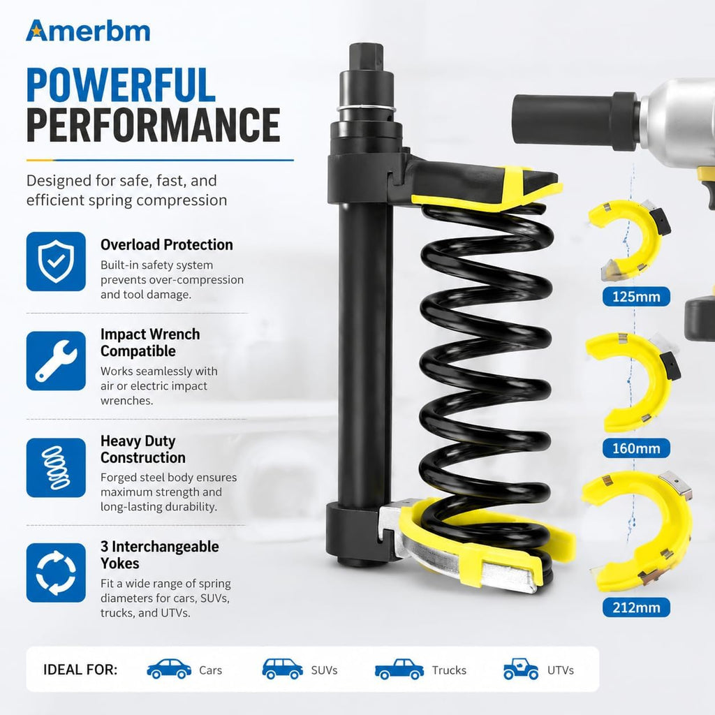 MacPherson Strut Spring Compressor Tool, Impact Wrench Rated, 3 Fork Sizes