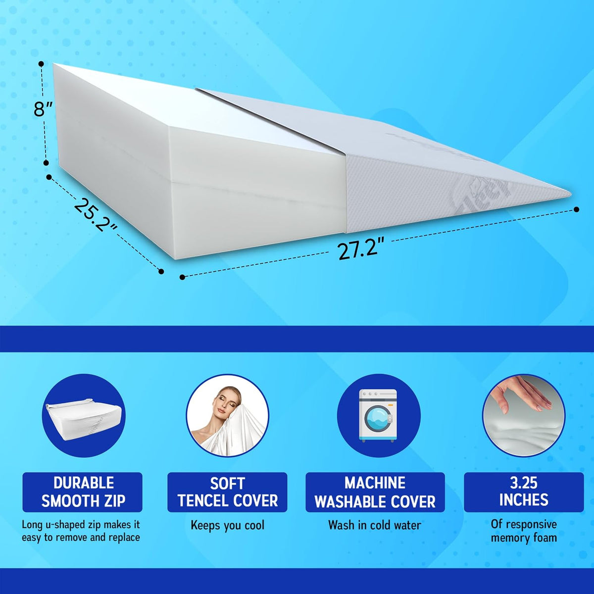 FSA Eligible 8" Bed Wedge Pillow for Acid Reflux, Sleep Apnea