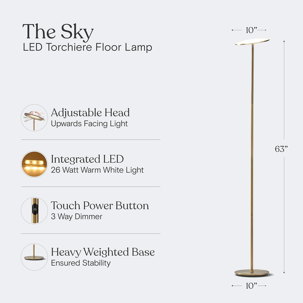 Brightech Sky LED Floor lamp, Torchiere Super Bright Floor Lamp for Living Room Decor & Office - Dimmable, Tall Standing Torch Lamp with Warm Light