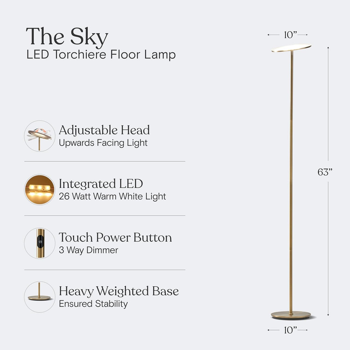 Brightech Sky LED Floor lamp, Torchiere Super Bright Floor Lamp for Living Room Decor & Office - Dimmable, Tall Standing Torch Lamp with Warm Light