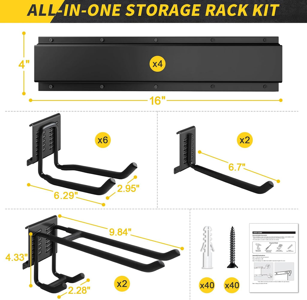 64 Inches Garage Storage, UUP Garage Organization Wall Mount Garden Tool Organizer, 620lbs Adjustable Metal Hooks, Yard Shed Rail Rack, Lawn Tool