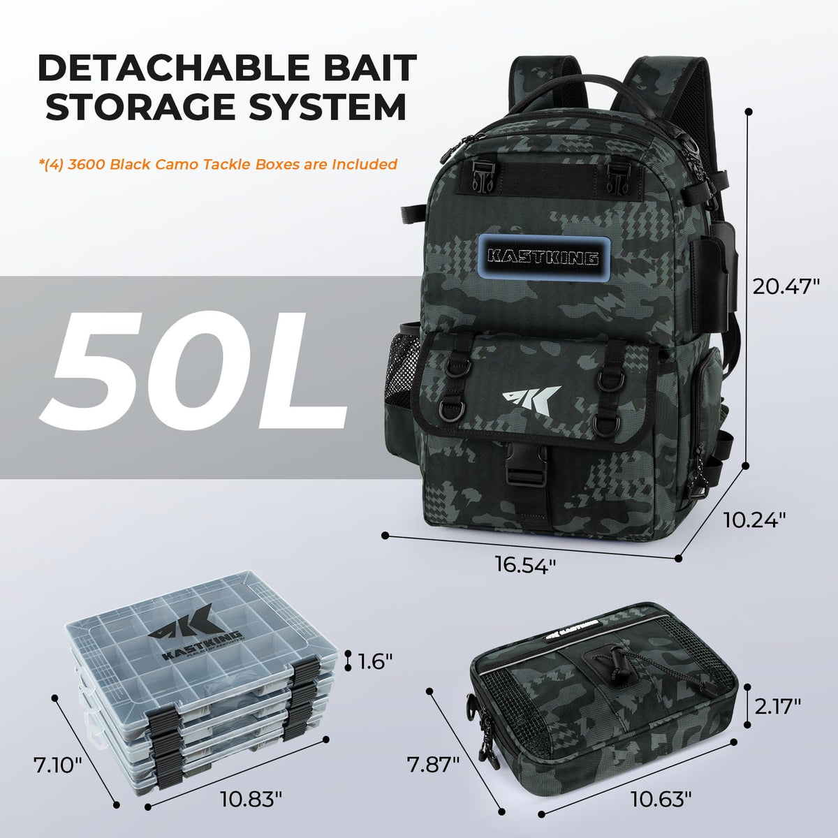 KastKing BaitSpace 50L Fishing Backpack with 4 Tackle Boxes, 2 Rod Holders
