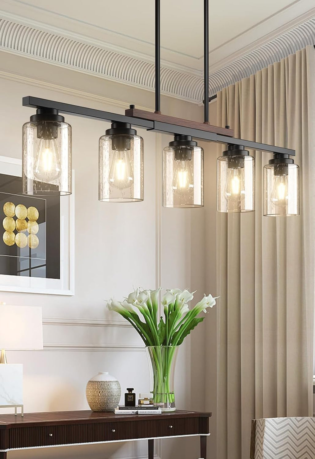 Amico 5-Light Dining Room Light Fixture, Seeded Glass Island Chandelier